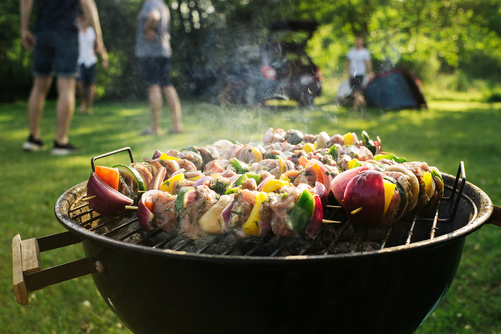 Shashlik barbecue. Wooden sticks with vegetable and meat. Chicken, pork, onion and bell pepper slices. Grilling food on a picnic. BBQ while camping with friends background. Family dinner outdoor.